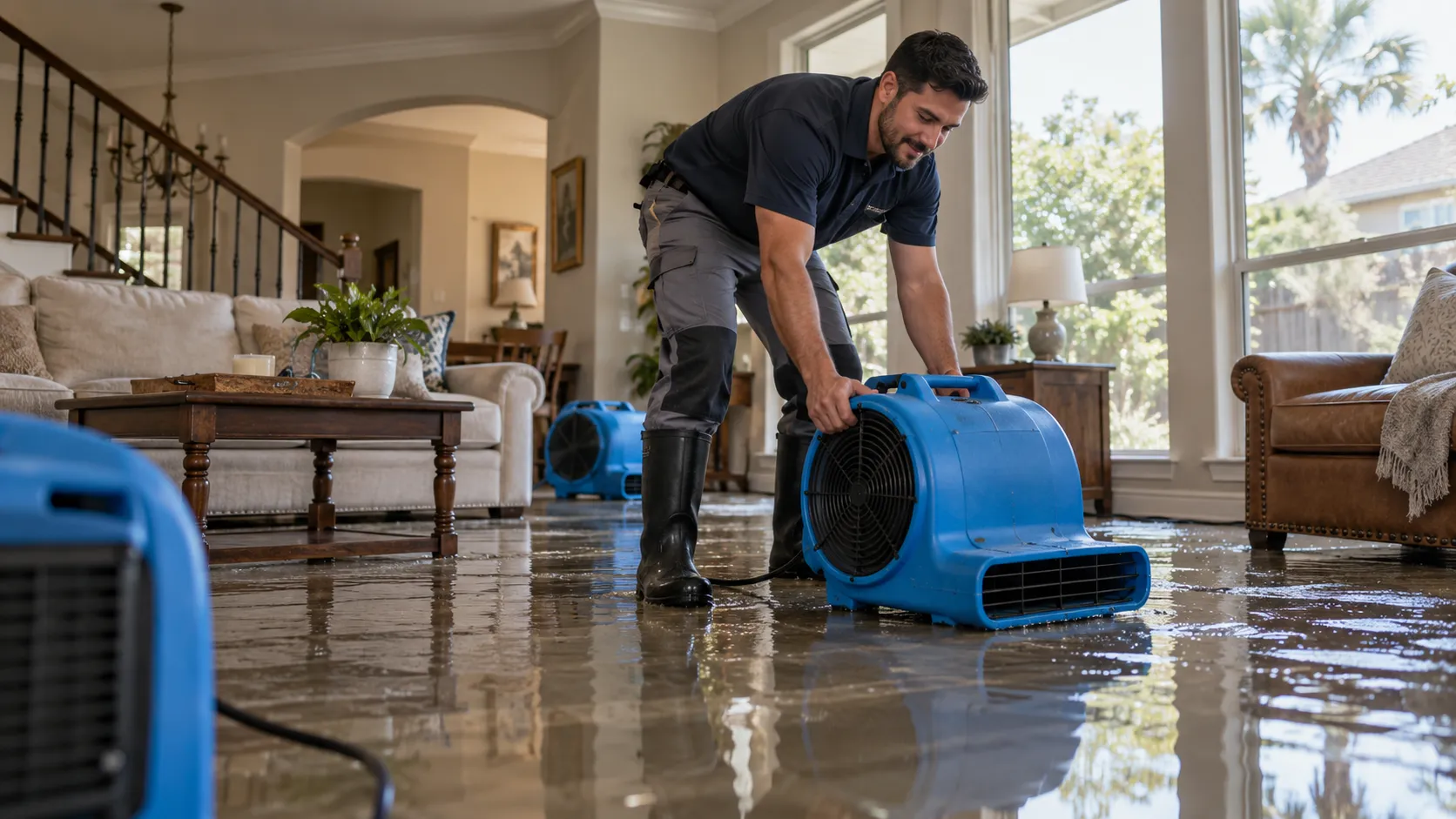 Water damage restoration technician drying a flooded living room in Houston
